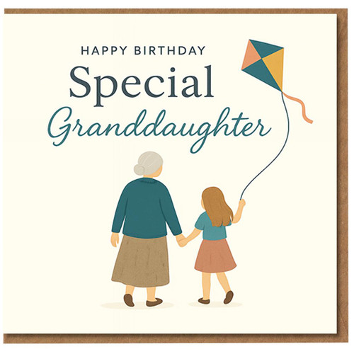 Granddaughter Birthday Card - Happy Birthday Special Granddaughter - Gran and Child Flying Kite Illustration
