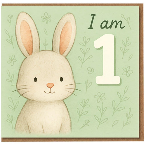 Cute Bunny I am 1 First Birthday Card - Sweet Rabbit Illustration on Green with Floral Doodles - 1st Birthday Card for Baby or Toddler