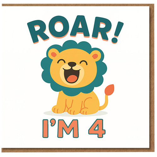 4th Birthday Card for Kids - Cute Lion Roar Design with 'I'M 4' Message, Jungle Safari Theme, Fun Children's Birthday Card for Boy or Girl