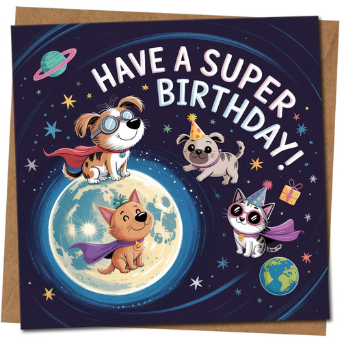 Have a Super Birthday Card, Space Superhero Dogs & Cat, Cute Kids Animal Birthday Card, 145mm x 145mm Square, Includes Kraft Envelope