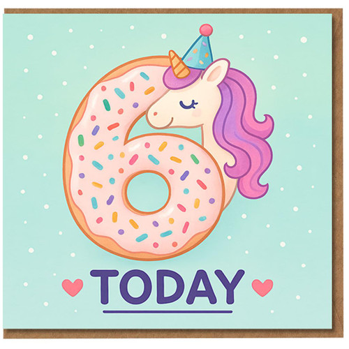 6th Birthday Card - Unicorn Doughnut Number 6 with Sprinkles, Party Hat and Pastel Dots - Cute '6 TODAY' Children's Birthday Card