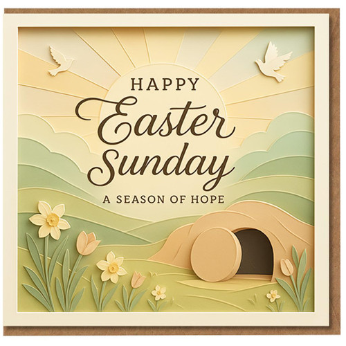 Happy Easter Sunday Card - A Season of Hope, Sunrise Hills with Doves and Empty Tomb, Christian Religious Greeting for Friends and Family