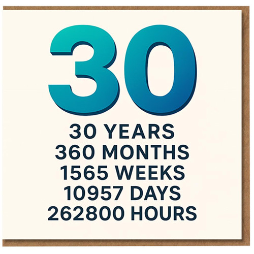 30th Birthday Card - 30 Years 360 Months 1565 Weeks 10957 Days 262800 Hours - Modern Milestone Typographic Design for Him Her Friend