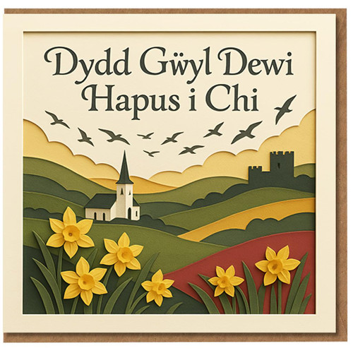 St David's Day Welsh Card - 'Dydd Gŵyl Dewi Hapus i Chi' Daffodils, Church and Castle Scene - Wales Landscape Greeting