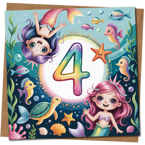 Mermaid 4th Birthday Card for Girl - Cute Under the Sea Kids Age 4 Card, Square 145mm x 145mm, Includes Kraft Envelope
