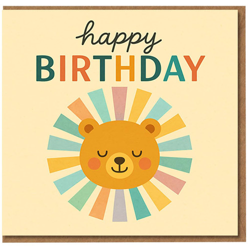 Happy Birthday Card - Cute Bear Face with Rainbow Rays - Colourful Typography - Fun Kids Birthday Greeting