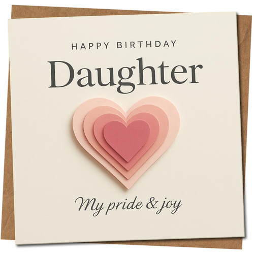 Happy Birthday Daughter Card - My Pride & Joy - Pink Layered Heart Design, 145mm x 145mm, Heartfelt Birthday Card for Daughter, Includes Kraft Envelope