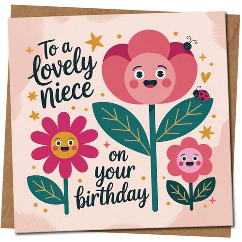 Niece Birthday Card - To a Lovely Niece on Your Birthday - Cute Floral and Ladybird Design - 145mm x 145mm Square Greeting Card, Includes Kraft Envelope