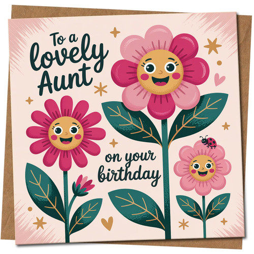 Lovely Aunt Birthday Card - Cute Floral Smiling Flowers - For Aunt/Auntie - Pink & Green - Ladybird Detail - 145mm x 145mm Square Greeting Card, Includes Kraft Envelope