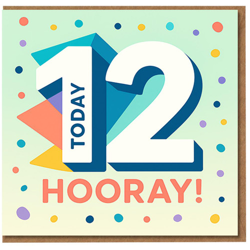 12th Birthday Card - 12 Today Hooray - Colourful Confetti and Geometric Shapes Design, Bright Fun Kids Birthday Card