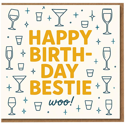 Happy Birthday Bestie Woo Card - Fun Best Friend Birthday Card with Cocktail and Champagne Glasses and Sparkles, Cheerful Party Design