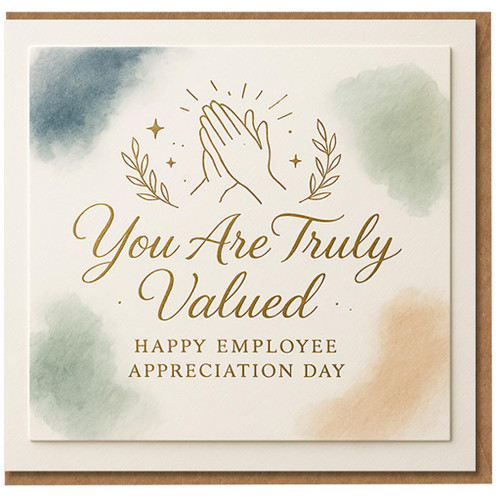 You Are Truly Valued - Happy Employee Appreciation Day Card - Elegant Gold Script with Hands and Laurel - Workplace Thank You Card for Staff, Colleague, Team Member, Boss