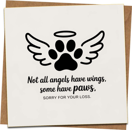 Pet Loss Sympathy Card - Not All Angels Have Wings Some Have Paws - Dog Cat Bereavement Condolence, Square 145mm x 145mm, Kraft Envelope, Sorry For Your Loss, Rainbow Bridge Gift