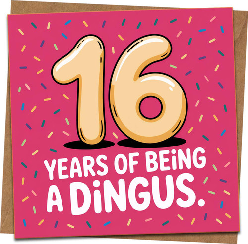 Funny 16th Birthday Card – 16 Years of Being a Dingus – Pink Sprinkles – 145mm x 145mm – Sweet 16 Humor for Teen, Son, Daughter or Friend – Includes Kraft Envelope