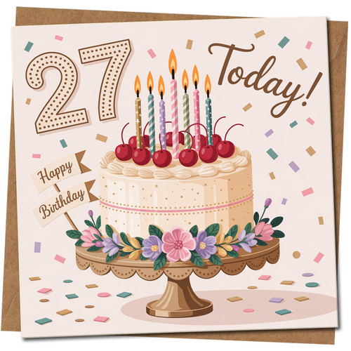 27 Today Birthday Card, Cake, 145mm x 145mm Square, Includes Kraft Envelope
