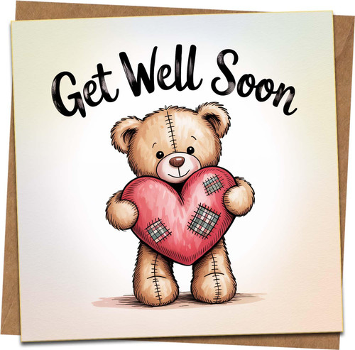 Get Well Soon Card, Cute Teddy Bear with Heart, 145mm x 145mm Square Greeting Card with Kraft Envelope, Feel Better Card for Friend, Him, Her, Kids