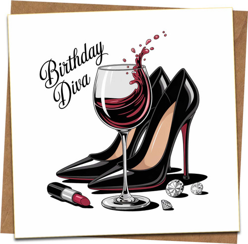Birthday Diva Greeting Card 145mm x 145mm with Kraft Envelope, High Heels Wine and Lipstick Design, Glam Funny Birthday Card for Her, Friend, Sister, Wife, Bestie