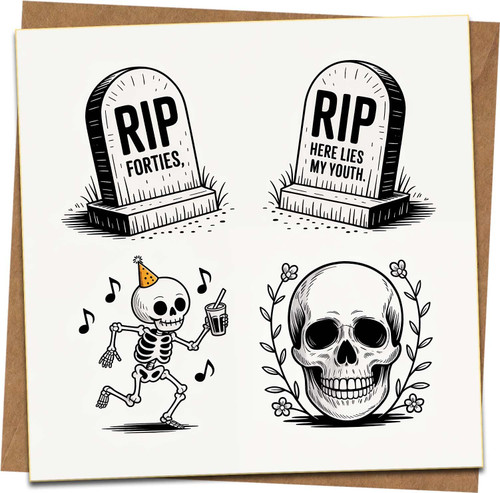 Funny RIP Over the Hill Birthday Card for Men Women – Skeleton Tombstones Humor – 145mm x 145mm Square Greeting Card with Kraft Envelope – Milestone 30th 40th 50th 60th