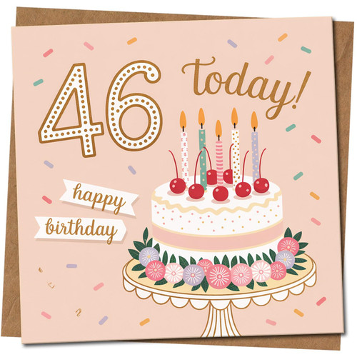 46th Birthday Card - 46 Today Cake and Candles Design, Cute Confetti, 145mm x 145mm Square -, Includes Kraft Envelope