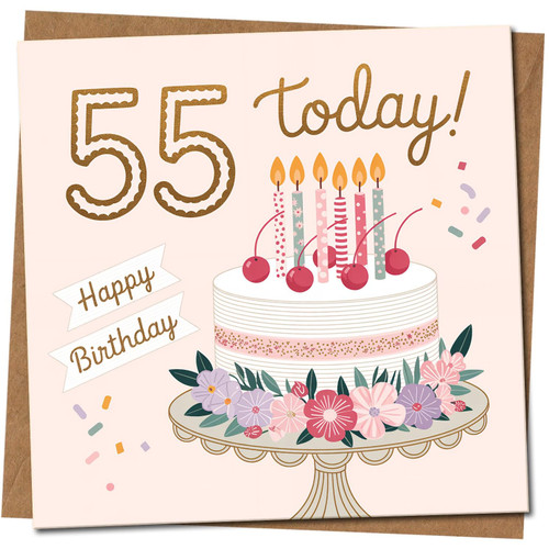 55th Birthday Card - Cake, Candles and Cherries Design - 145mm x 145mm Square - Cute Happy Birthday Card - For Him or Her, Includes Kraft Envelope