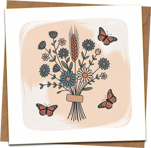 Butterflies & Wildflower Bouquet Square Greeting Card, Blank Inside, 145mm x 145mm, with Kraft Envelope – Floral Daisy Illustration for Birthday, Thank You, Thinking of You