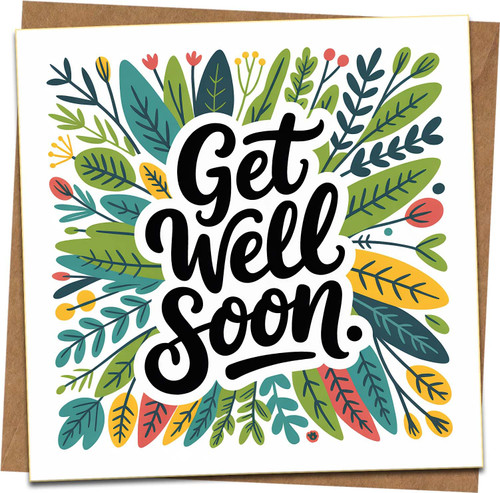 Get Well Soon Card, 145mm x 145mm Square Greeting Card with Kraft Envelope, Colorful Botanical Leaf Design, Cheer Up and Recovery Card for Men Women Friends Family