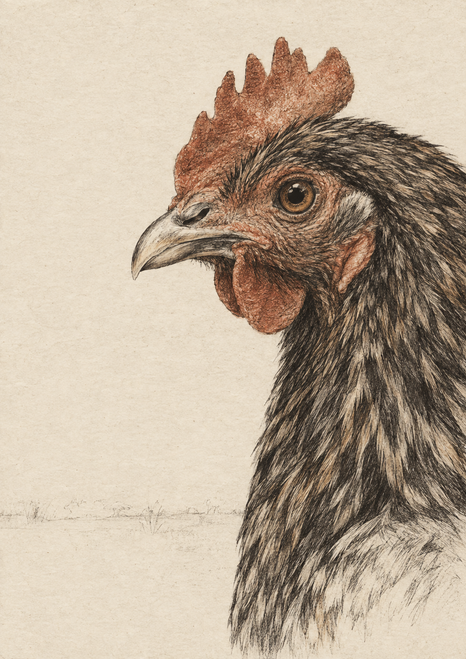 Close side view of a chicken with a prominent comb, eye, beak, and wattle, rendered in dark etched-looking lines on warm cream paper.