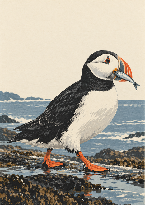 Puffin with an orange bill and feet holding a small fish on a wet rocky tidepool shelf beside muted blue water.