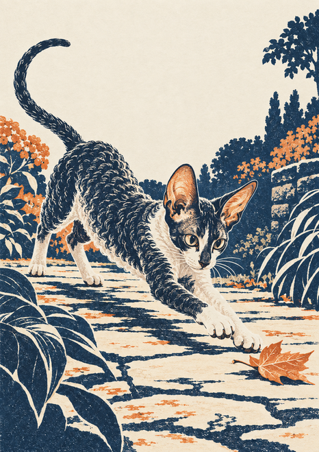 Curly-coated cat with upright ears and a long curved tail leaping toward an orange leaf on a garden path.