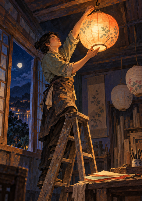 An adult craftsperson stands on a wooden step ladder and hangs a glowing paper lantern in a workshop with a night window and workbench.