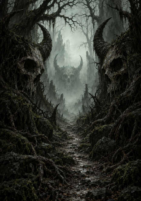 Narrow path through a dead, misty forest framed by enormous horned skull-like forms and gnarled branches.