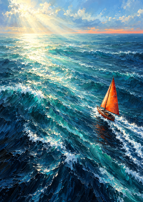 A small sailboat with a bright orange-red triangular sail crosses choppy blue water beneath sunlight breaking through clouds.