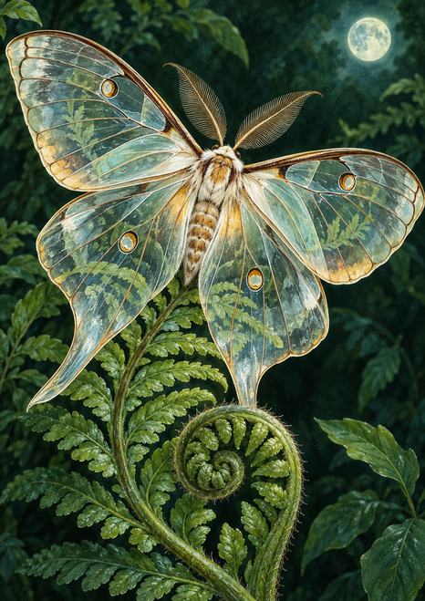 Pale moth with patterned, translucent-looking wings resting above a curled fern, with dense foliage and a small moon.