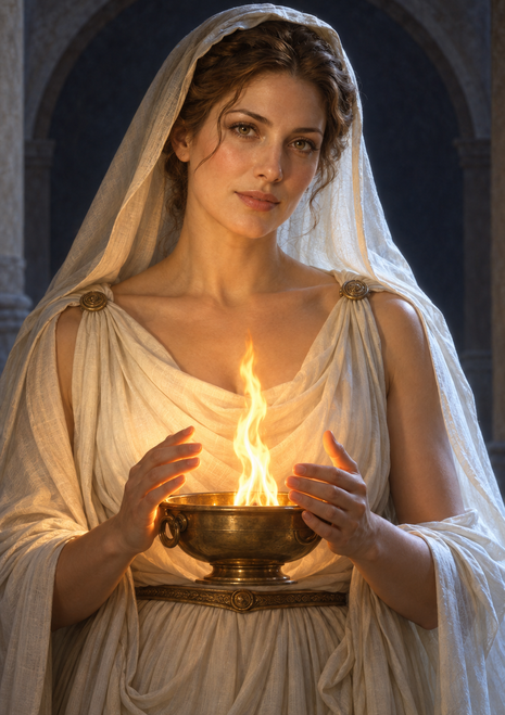 Veiled woman in a white gown holds a bronze bowl with a bright flame inside a dark arched stone setting.