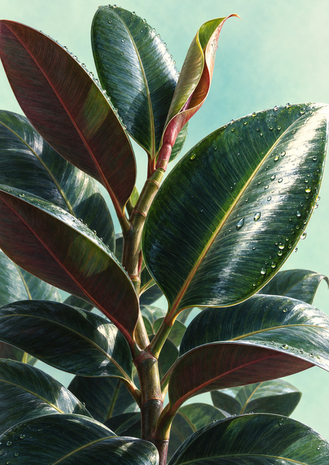 Close-up of a rubber plant with overlapping glossy green leaves, burgundy undersides, water droplets, and a new leaf unfurling against pale mint.