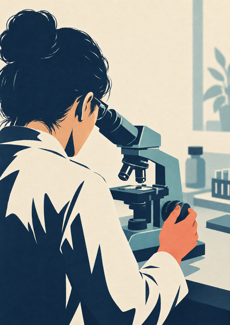 Researcher viewed from behind adjusting a teal microscope at a lab bench, with a coral-colored hand accent.