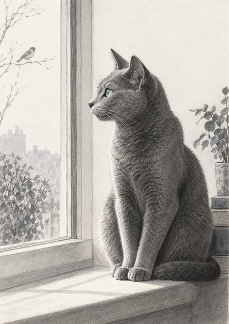 Short-haired grey cat seated in profile on an interior windowsill, watching a small bird on a bare branch outside; potted foliage is at right.