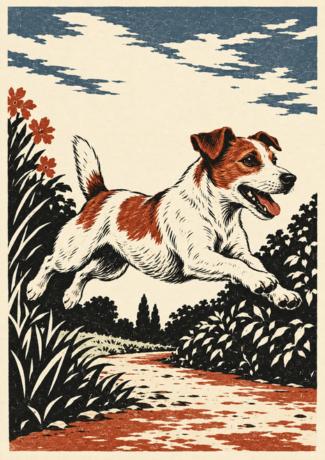 White-and-rust terrier leaping rightward over a garden path, surrounded by flowers and foliage beneath a patterned sky.