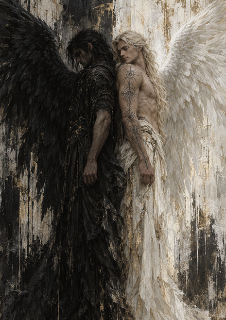 Two long-haired figures stand back-to-back with contrasting black and white wings and body markings.
