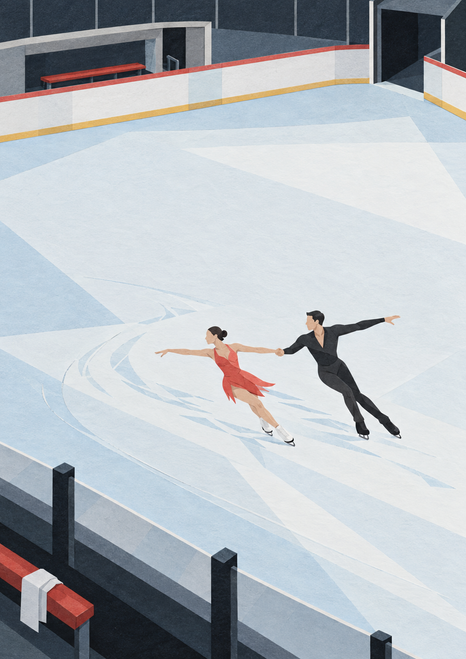 Two figure skaters, one in coral red and one in dark clothing, hold hands on a pale indoor rink.