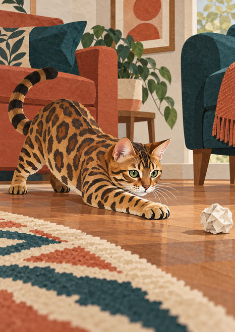 A Bengal-patterned cat stretches toward a crumpled paper ball across a geometric rug in a furnished room.