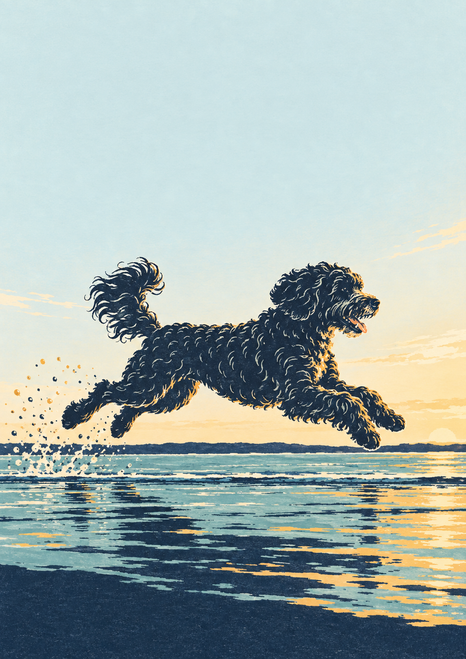 Dark curly-coated dog leaping from left to right above rippled shoreline water, with droplets, pale sky, and warm golden highlights.