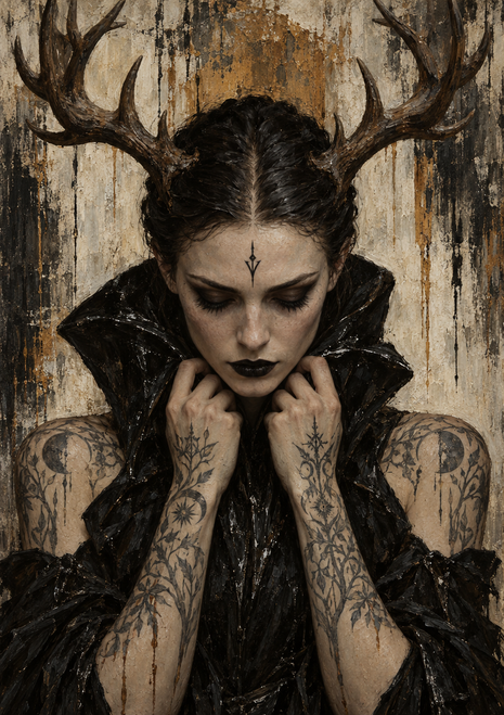 Dark-haired woman with branching antlers, closed eyes, a black high collar, and arm markings.