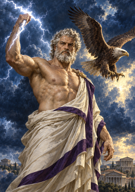 Bearded figure raising an arm amid lightning and storm clouds, with an eagle beside him and classical-style buildings below.