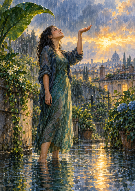 Woman standing in a rain-filled city garden with one hand raised beneath a large leaf, rooftops behind her, and golden reflections in the water.