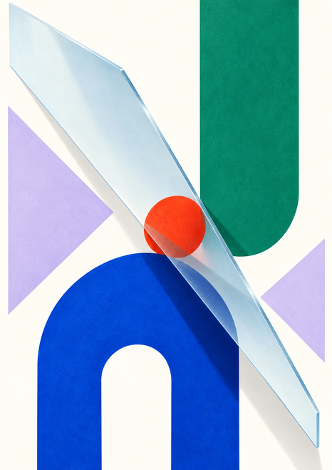 Abstract geometric arrangement with a pale-blue diagonal plane crossing a vermilion disk, ultramarine arch, jade form and lilac triangles on warm white.