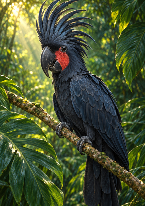 Dark crested palm cockatoo with a red cheek patch perched on a diagonal branch among sunlit tropical leaves.