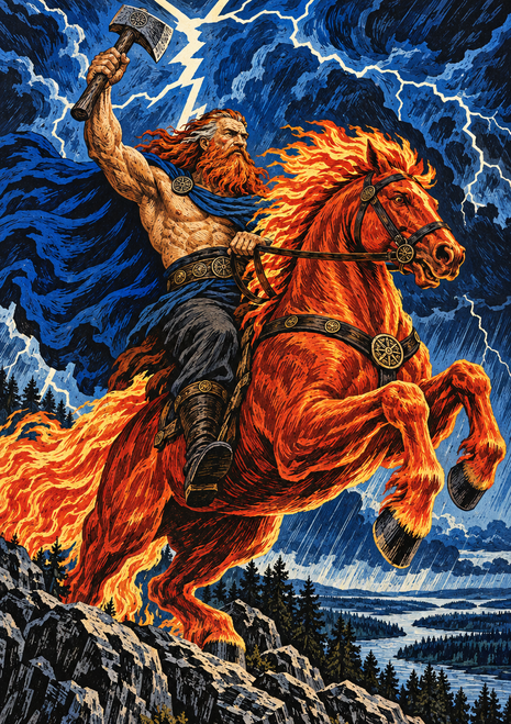 Red-bearded warrior raises a hammer on a fiery rearing horse beneath branching lightning.