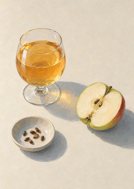 Stemmed glass of amber drink beside a halved apple and a shallow dish of seeds on a pale tabletop.