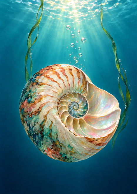 A large pearly nautilus shell with a visible chambered spiral floats beneath bright water, with bubbles and sea grass around it.